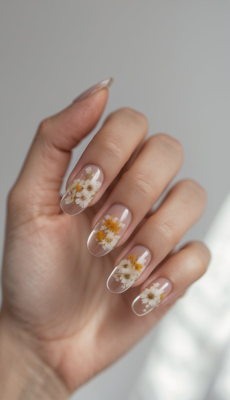 Hand with coquette nail art idea featuring clear polished nails and real dried daisy flowers delicately embedded in each fingertip.