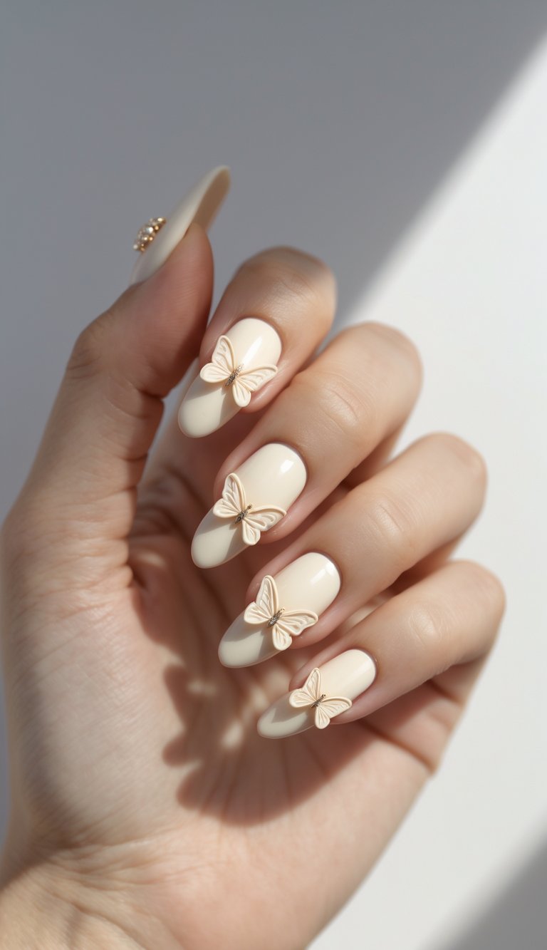 Coquette nail art idea with creamy nude nails and 3D butterfly charms creating a chic, feminine look on neatly manicured hands.