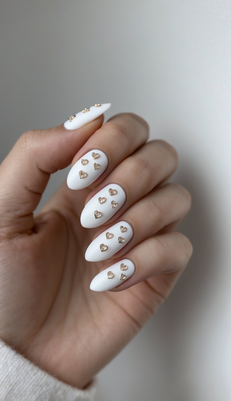 A hand with almond-shaped nails in matte white polish, decorated with tiny golden heart charms — a poetic coquette nail art idea for romantic flair.