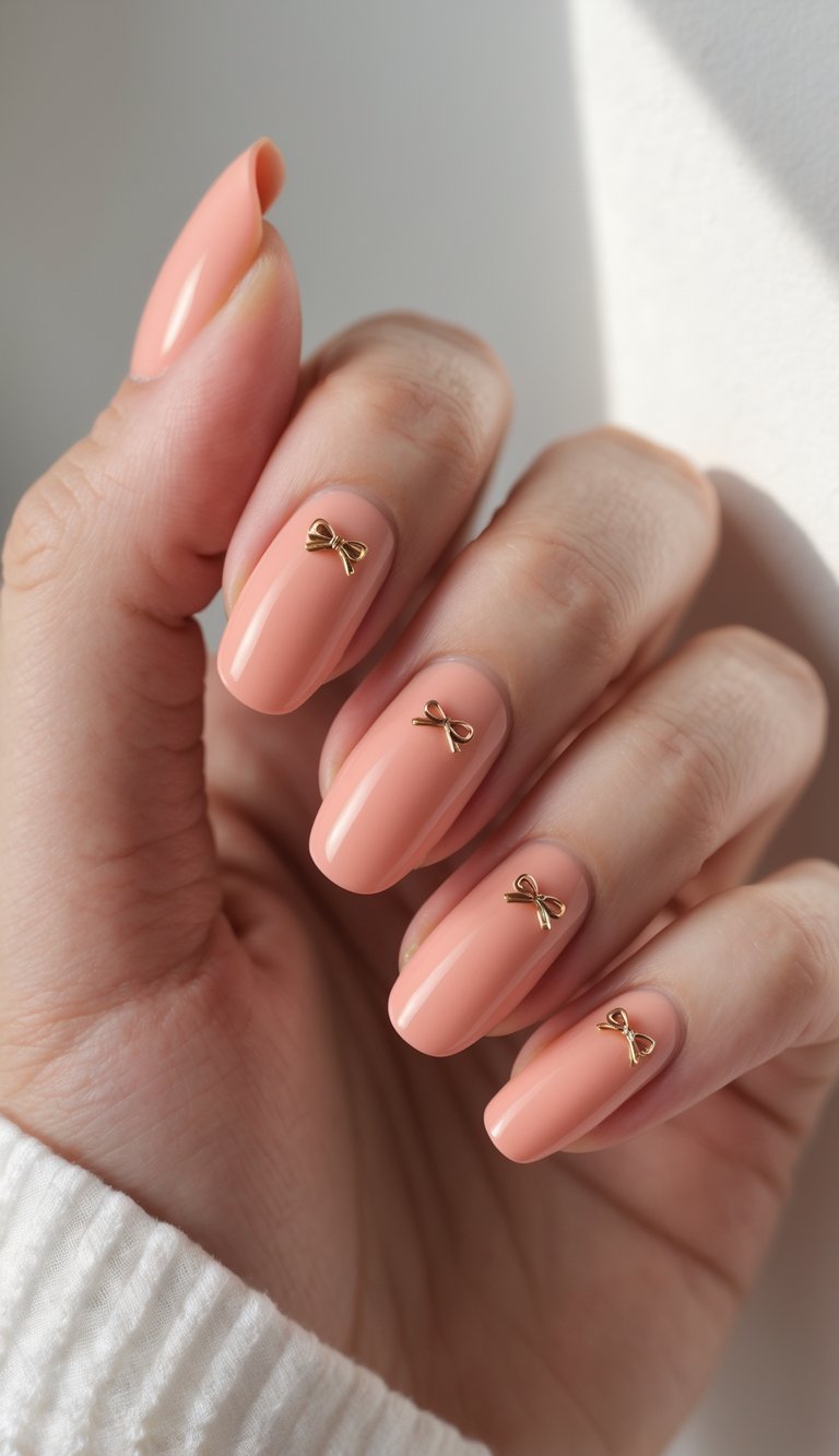 A hand with long almond-shaped nails in a peachy pink hue, each nail decorated with a tiny metallic gold bow—an elegant coquette nail art idea.