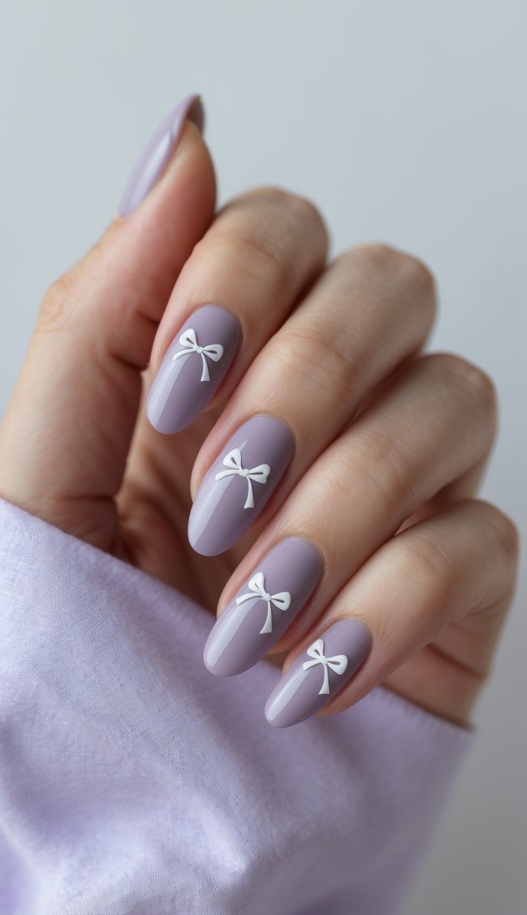 Almond-shaped nails painted in glossy pastel purple with tiny white bow decals, showing a playful coquette nail art idea on a woman’s hand.