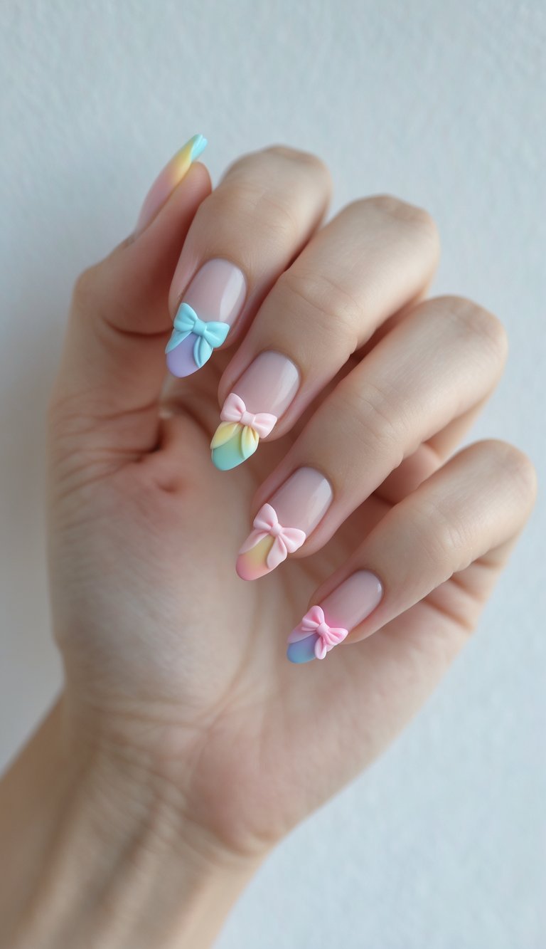 Hand showing long nails with translucent pink base, pastel rainbow French tips, and 3D bows—embodying a dreamy coquette nail art idea.