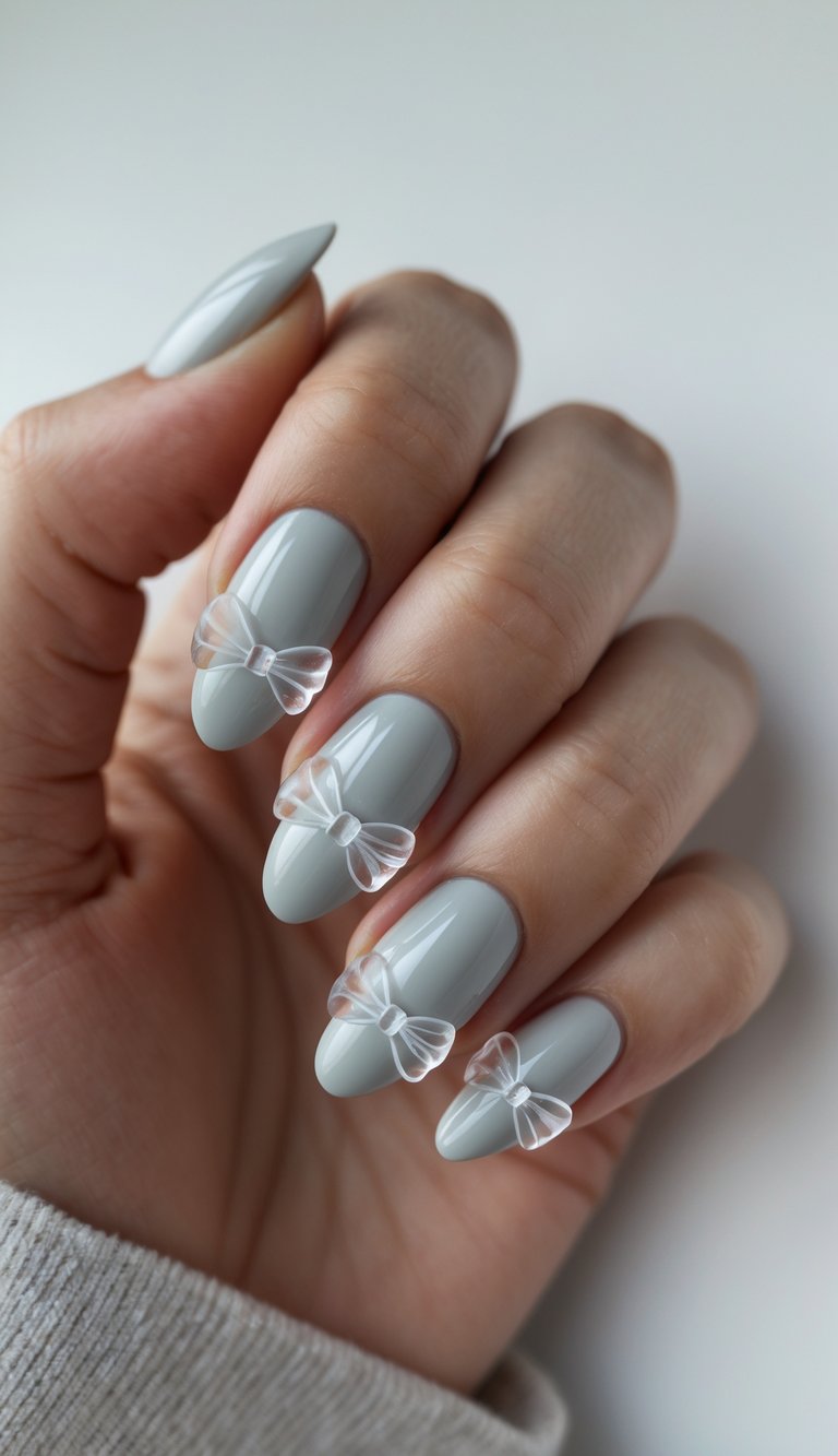 Glossy grey manicure adorned with transparent, frosted-looking bows on each nail, showcasing a refined and dreamy coquette nail art idea.