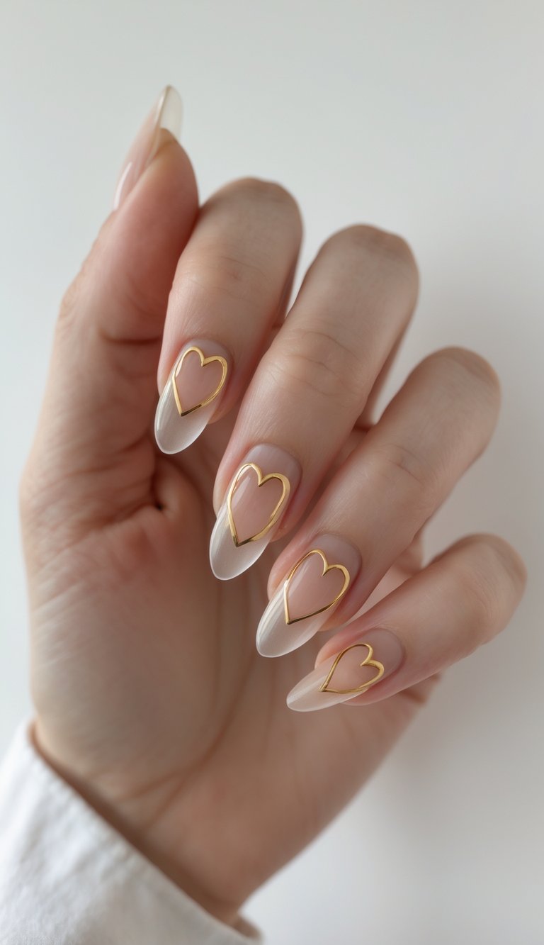 Hand with sheer nude almond-shaped nails detailed with fine gold heart outlines, illustrating a dainty and romantic coquette nail art idea.