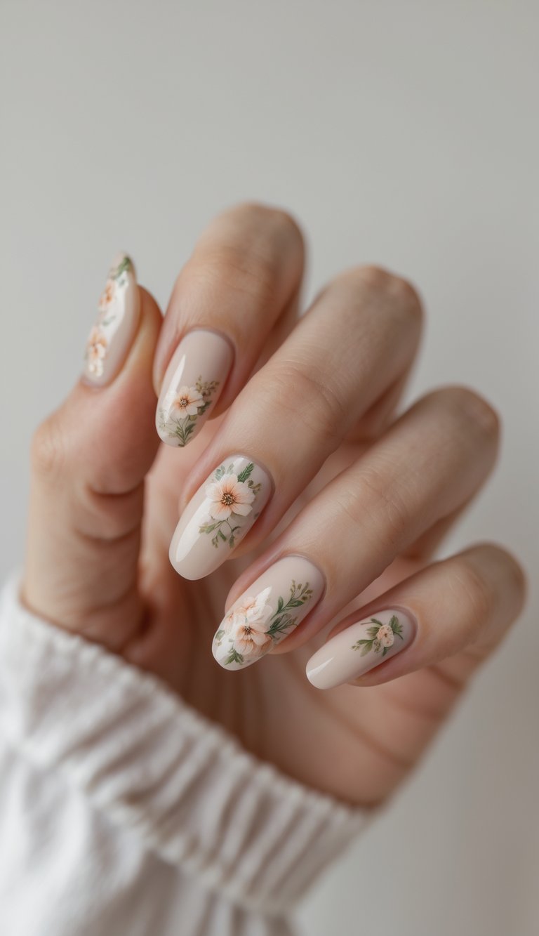 Coquette nail art idea with beige base and soft peach floral decals on a hand wearing a white sleeve, showcasing romantic spring-inspired nail design.