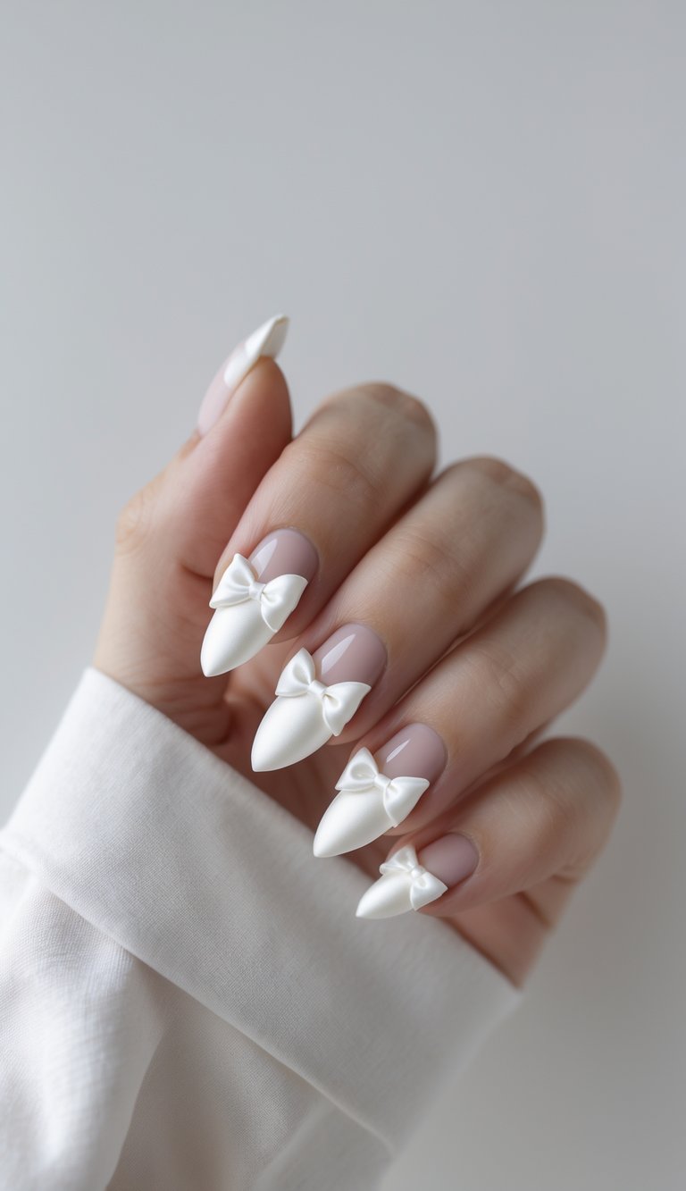 Coquette nail art idea showing elegant nude almond nails topped with sculpted white bows, evoking a minimalist bridal or runway-inspired aesthetic.