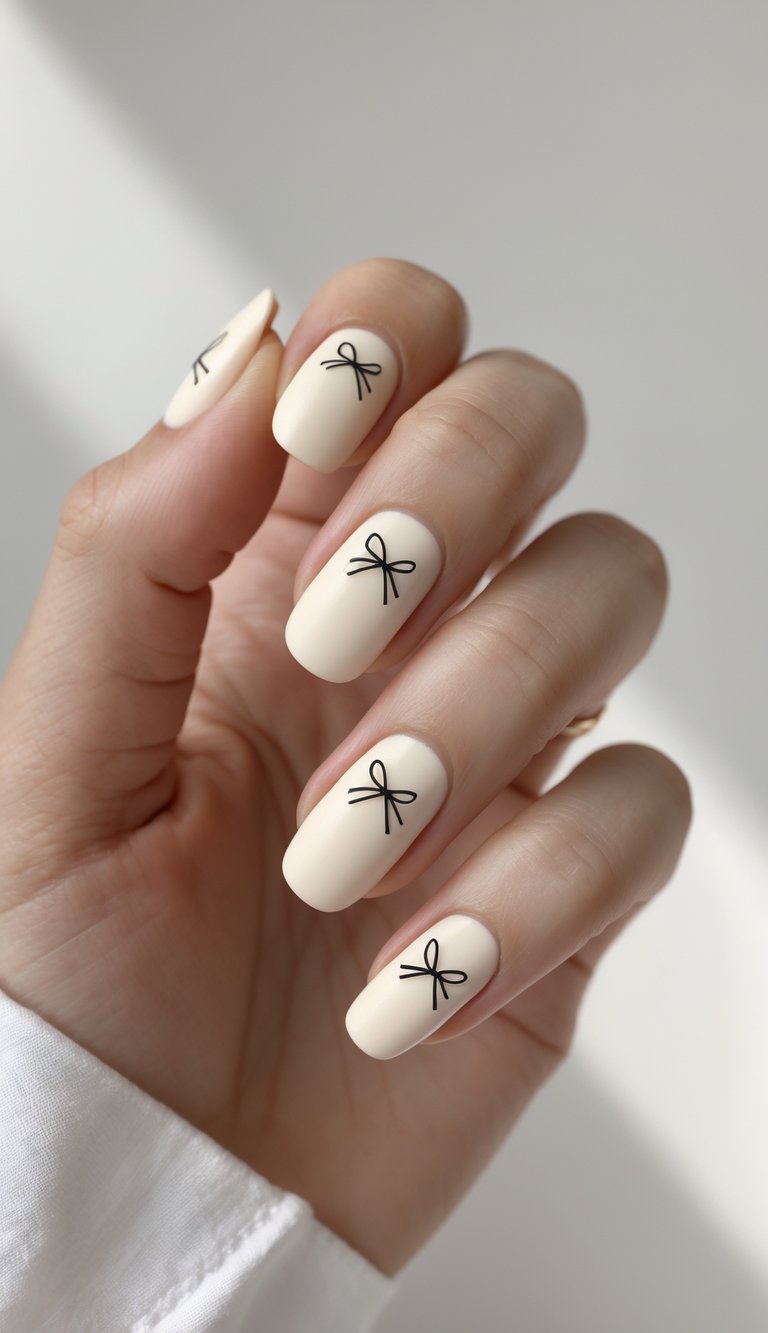 Coquette nail art idea featuring matte ivory nails with minimalist black ribbon bow details for a clean and modern aesthetic.