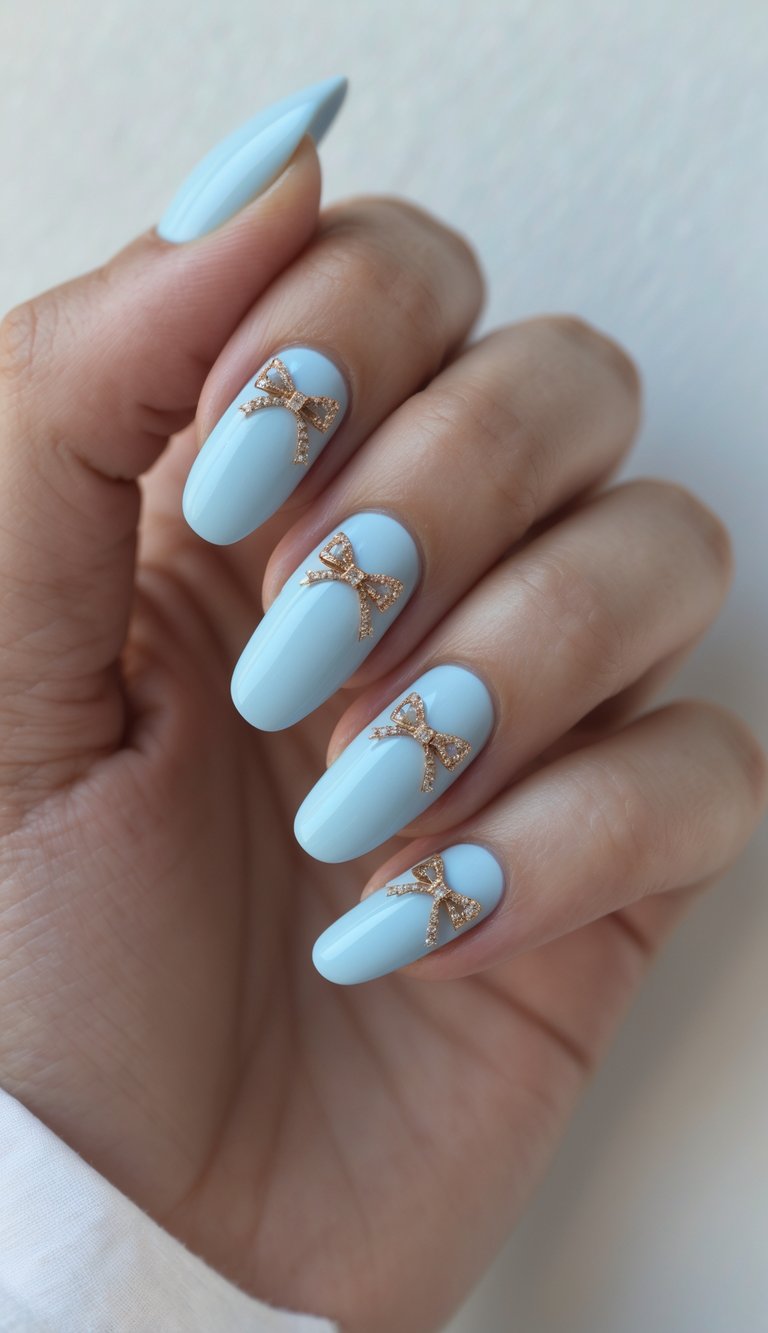 Coquette nail art idea featuring long glossy baby blue nails adorned with sparkling gold bow charms for a luxurious and elegant style.