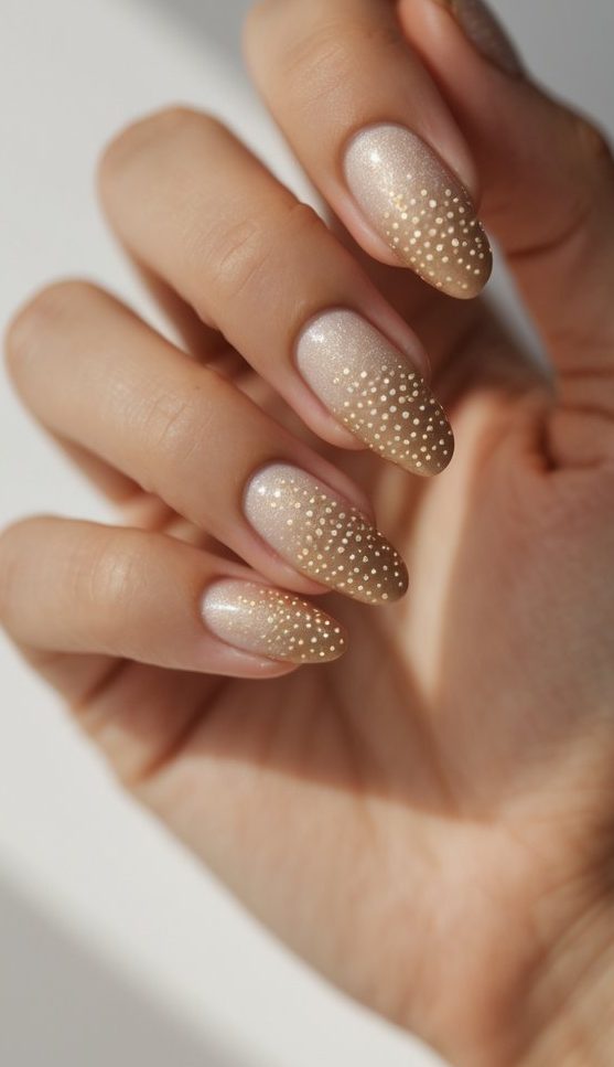 Fingers showcasing a smooth satin beige manicure, gently detailed with uniform golden dot gradients—an understated yet modern sophisticated nail art idea for everyday elegance.