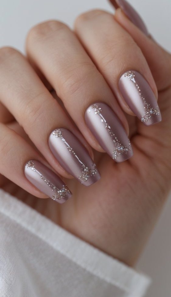 Nails finished in a satin mauve tone, each lined with glittery accents from base to tip—an editorial-inspired sophisticated nail art idea with fashion-forward flow.