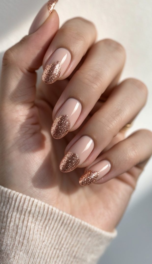 Close-up of almond nails featuring peachy-nude polish and smooth glitter arcs in metallic copper—an editorial, texture-rich sophisticated nail art idea.
