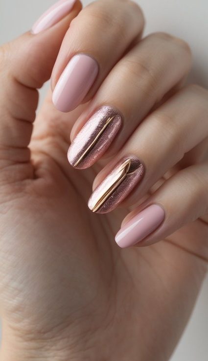 Almond nails with pastel pink polish and two shimmery rose-gold accent nails adorned with raised gold bars—a dimensional, editorial sophisticated nail art idea.