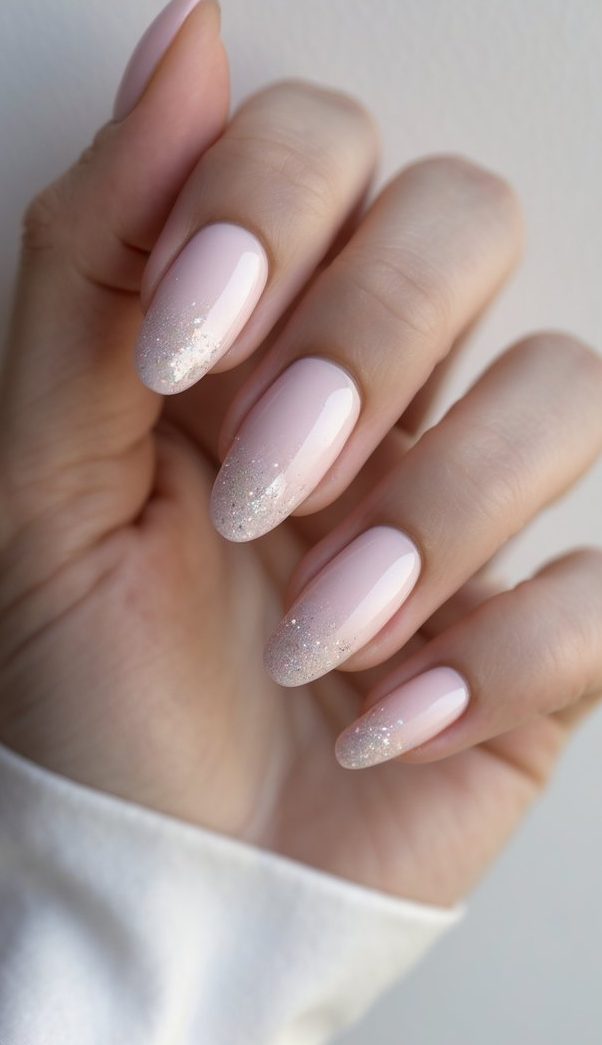 Feminine hand with pale pink nails and soft glitter at the tips, showing a subtle and sparkling delicate nail art idea.