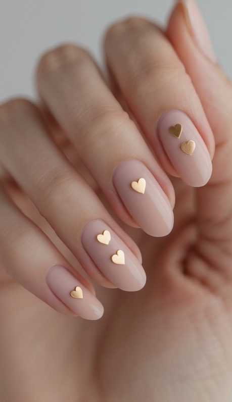 Hand with soft nude nails featuring tiny gold hearts on each nail, capturing a delicate nail art idea filled with minimalist sweetness.