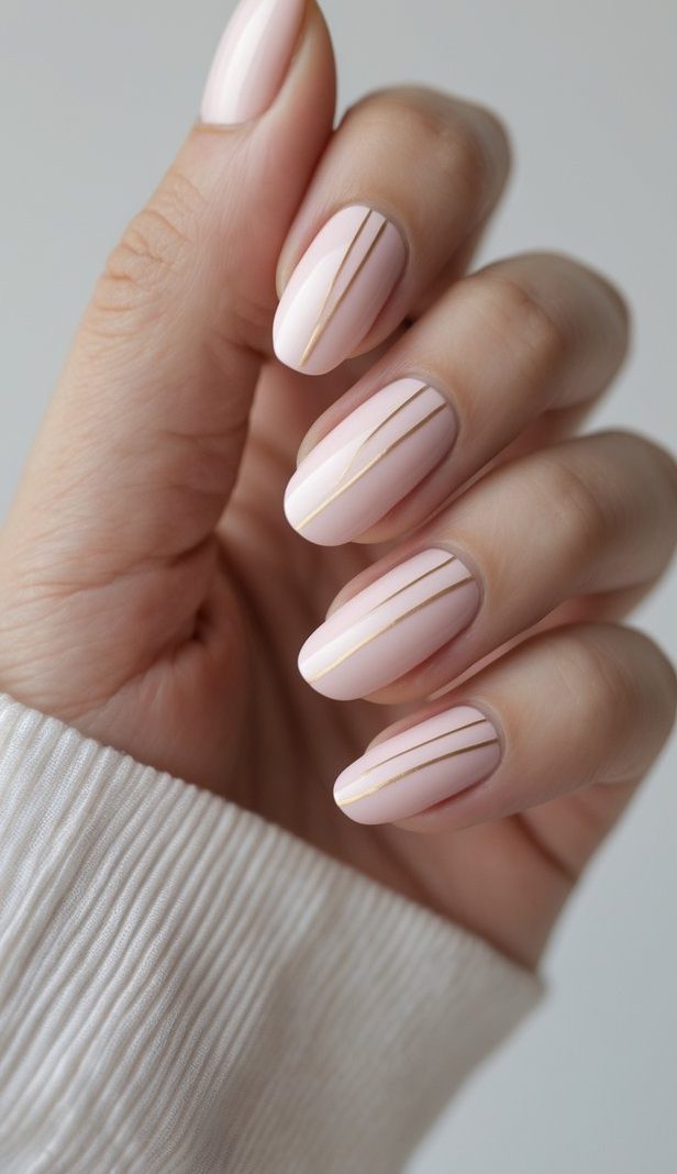 A close-up of a hand showing pale pink nails with sleek gold vertical accents, creating a smart and delicate nail art idea for everyday chic.