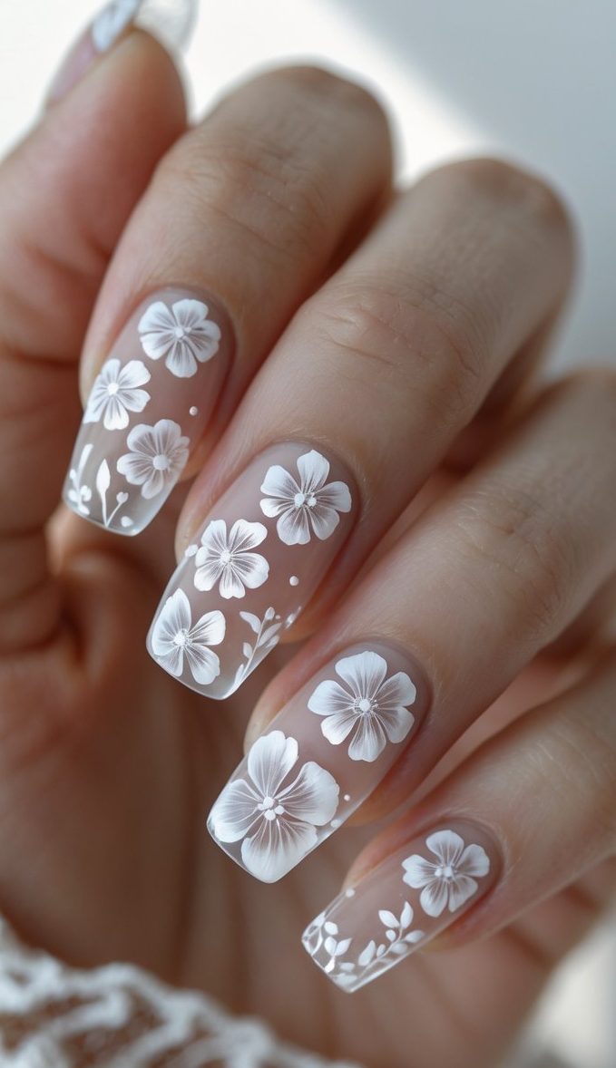 A soft-focus hand with nude, translucent nails adorned in small detailed white florals, illustrating a charming and delicate nail art idea inspired by embroidery.