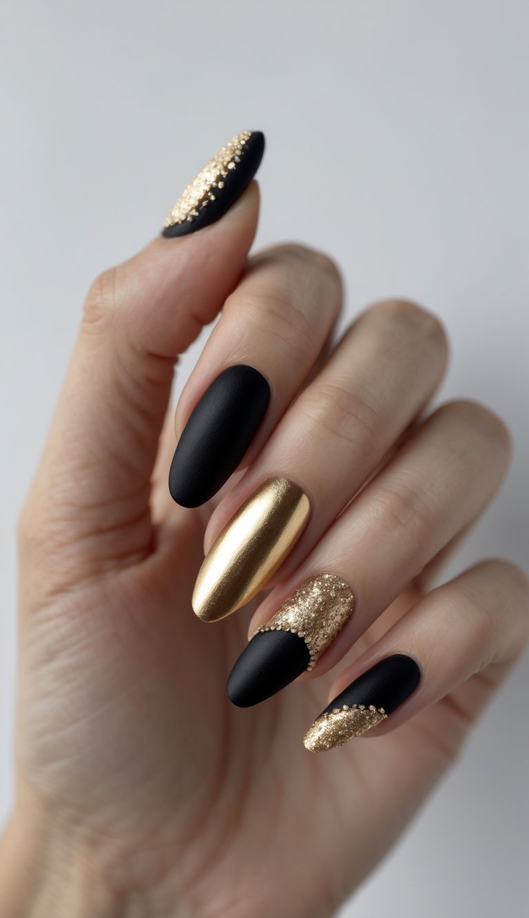 Hand with long almond-shaped nails featuring a creative mix and match nail art idea using playful contrasts of matte black, glittery gold, and mirror-like metallic gold polish.