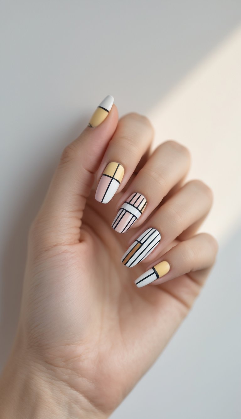 Hand showing off a creative mix and match nail art idea with geometric black-lined patterns in pastel yellow, soft pink, and matte white shades on each finger.