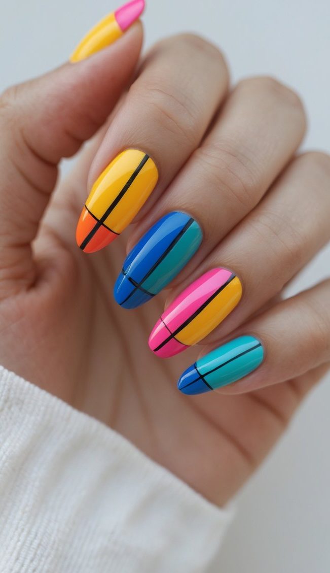 Hand with a fun mix and match nail art idea, showing alternating duotone colors in pink, orange, yellow, teal, and blue outlined by black striping.