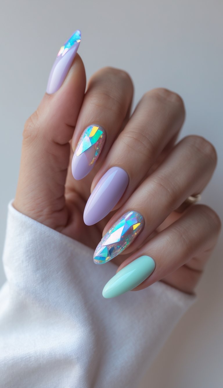 Fingertips displaying a mix and match nail art idea with shimmering holographic foil on nude bases and glossy lavender and mint shades on almond-shaped nails.