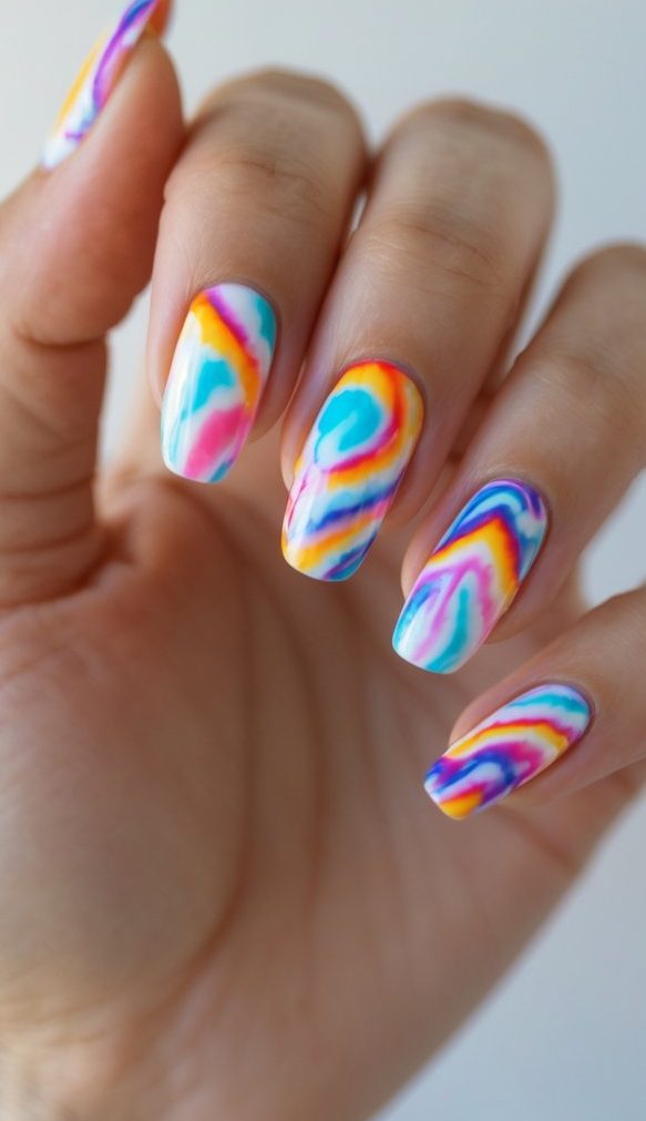 Almond nails painted in a mix and match nail art idea featuring smooth tie-dye swirls of vibrant blue, yellow, magenta, and teal on a white base.