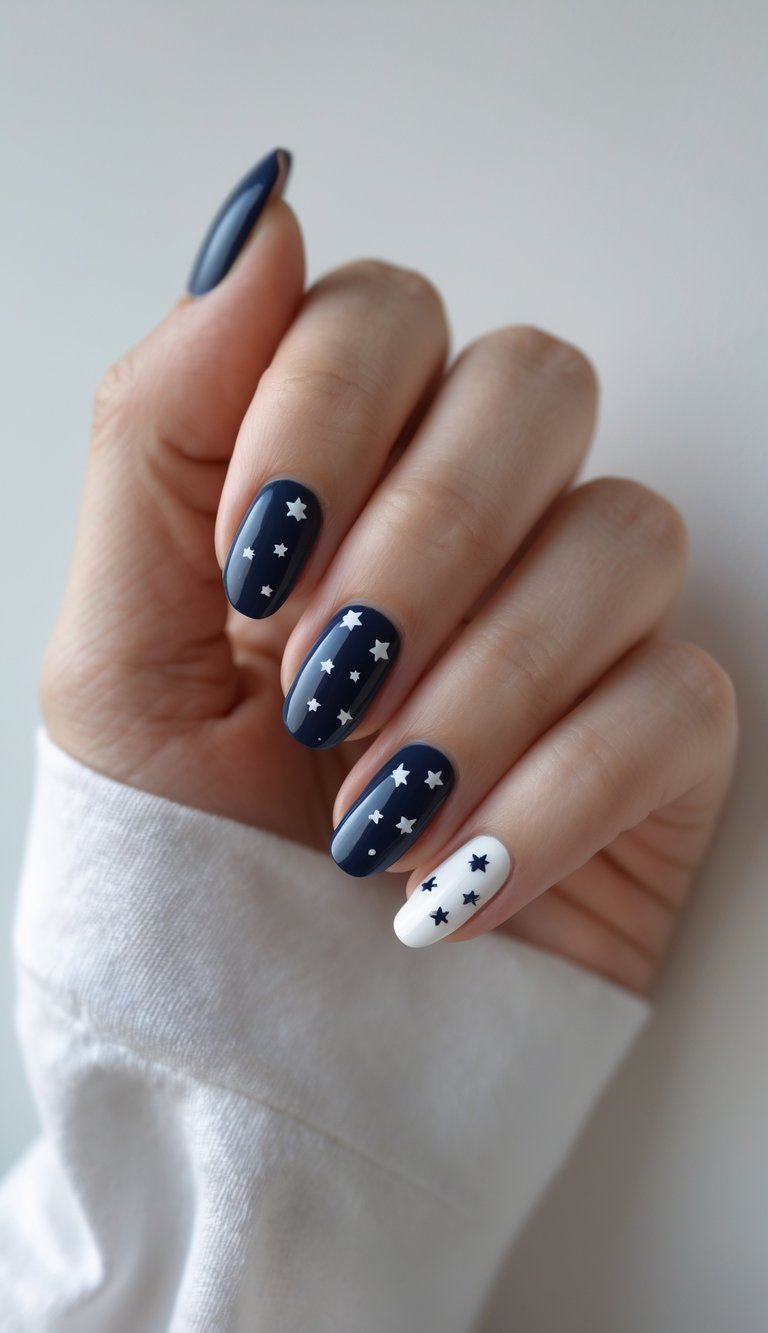 A hand wearing a mix and match nail art idea that features navy and white nail polish with white and navy stars for a cosmic theme.