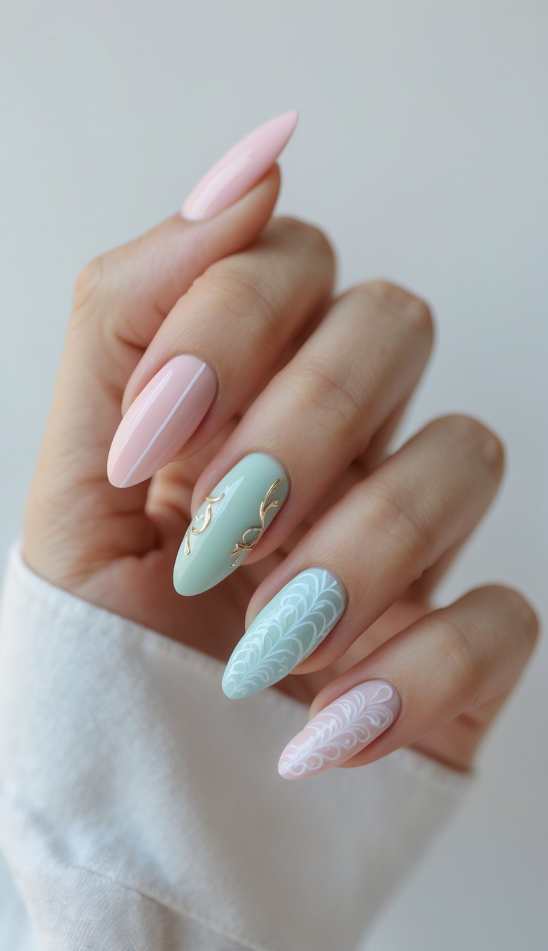 A woman's hand showing a mix and match nail art idea, combining blush pink, mint green, white line art, and golden leaf accents on long nails.