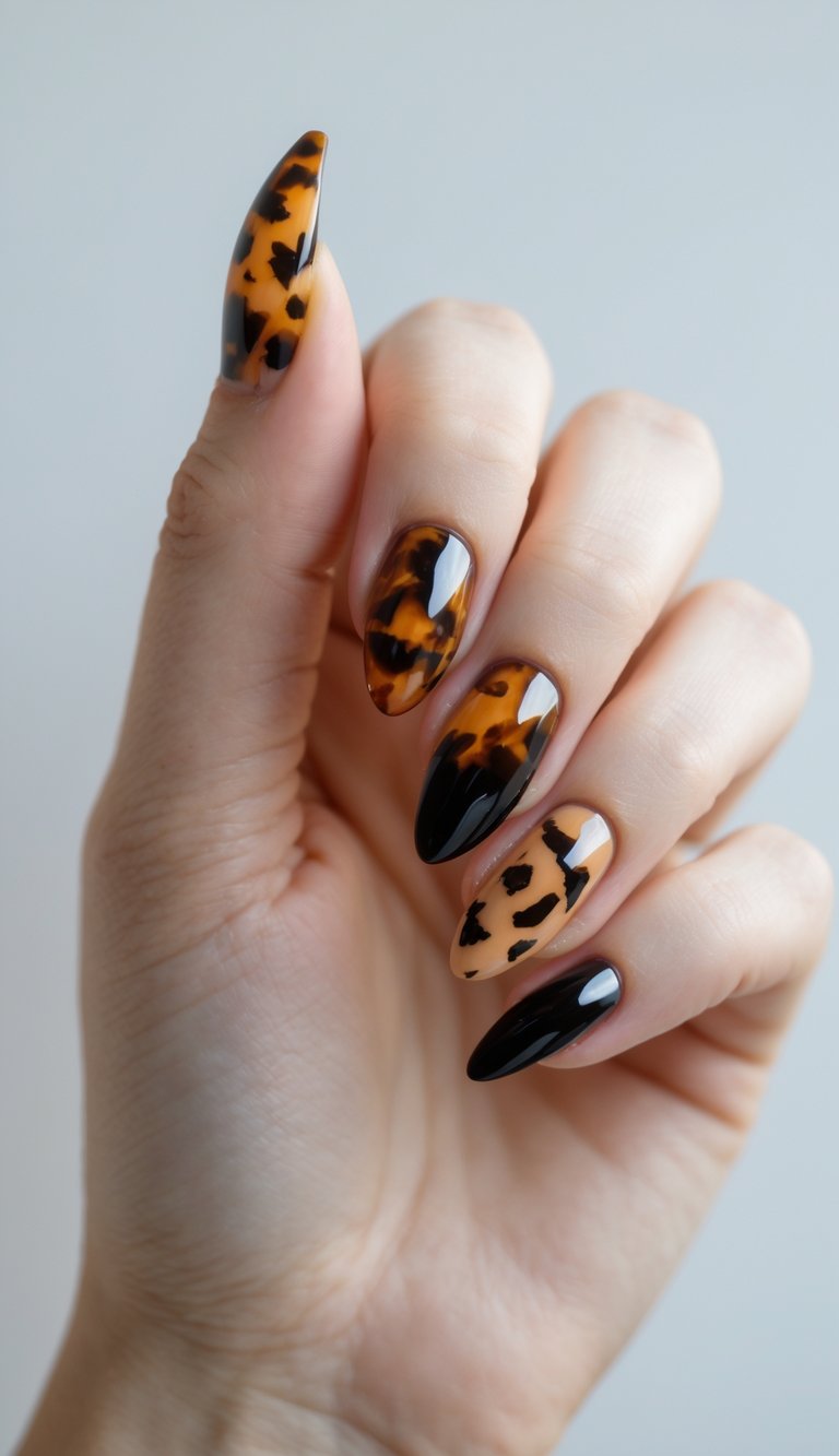 A hand with a mix and match nail art idea featuring tortoiseshell nails, black gloss tips, and a nude base with black animal print spots.