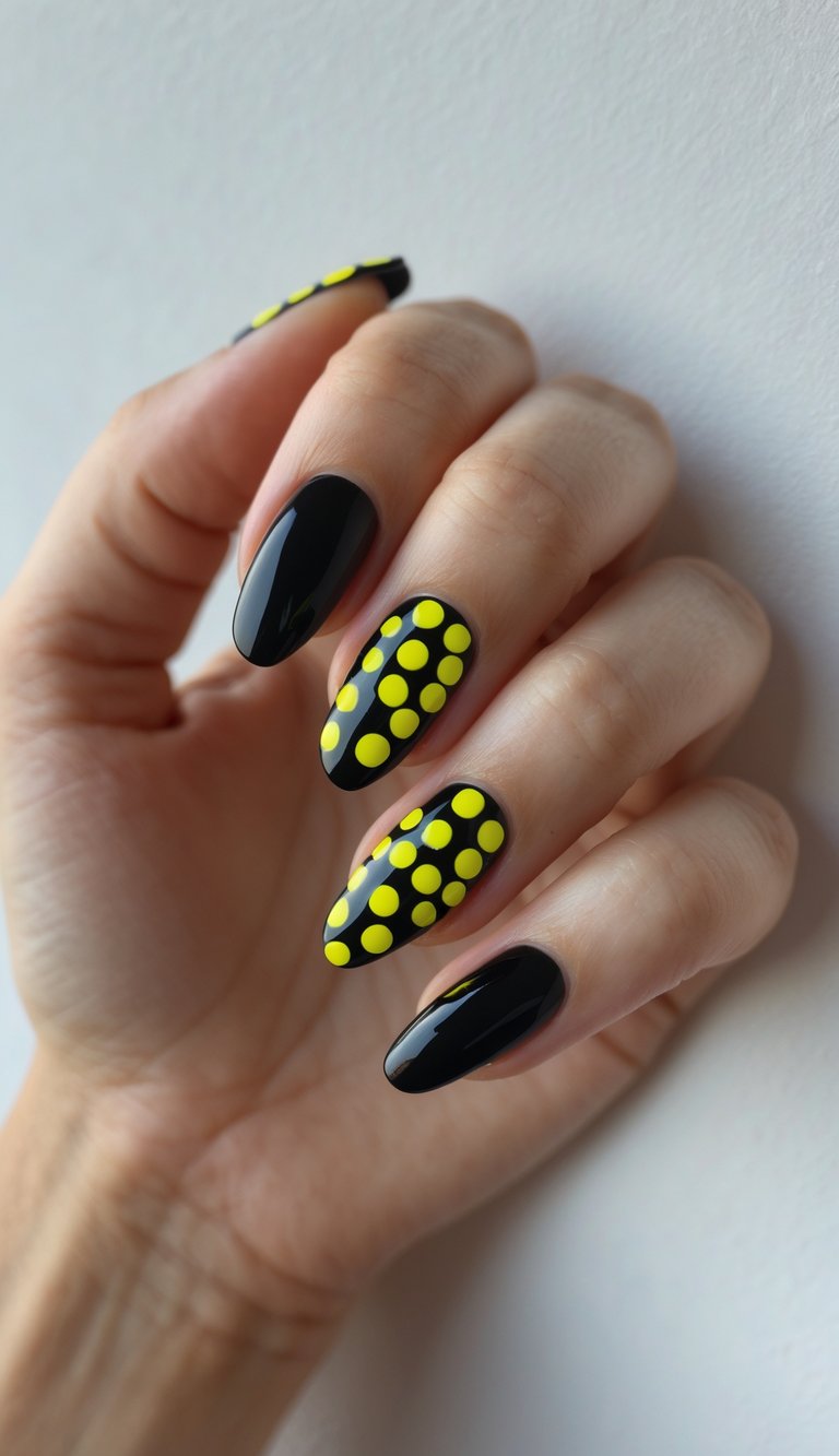 Hand featuring a mix and match nail art idea with alternating glossy black nails and dotted neon yellow-on-black designs for a sharp contrast.