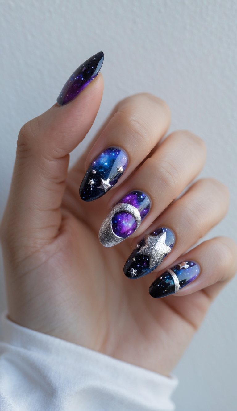 Close-up of mix and match nail art idea with space-inspired patterns, featuring purple-blue gradients and silver 3D stars and moons.