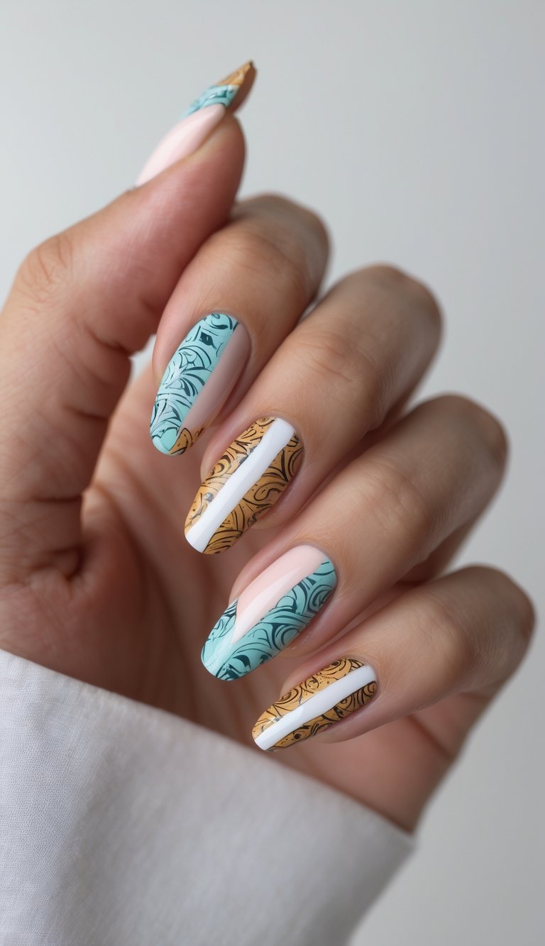 Mix and match nail art idea with teal and mustard gold swirls, white line accents, and alternating vintage-inspired patterns.
