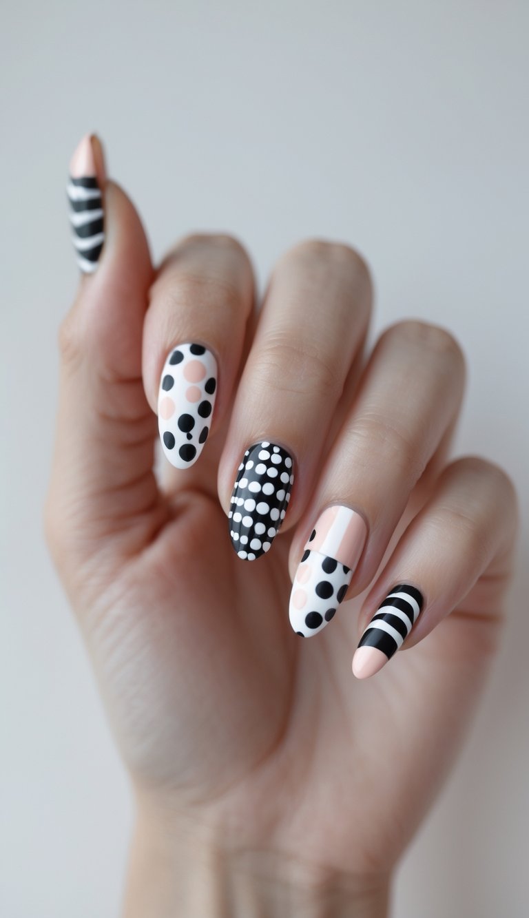 Creative mix and match nail art idea combining bold stripes, various polka dot patterns, and blush pink detailing on oval nails.