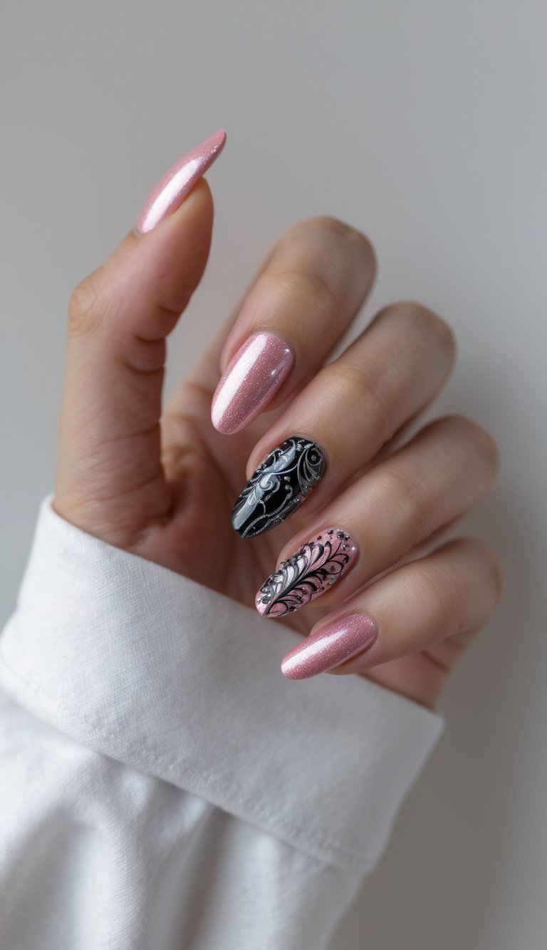 Mix and match nail art idea showing sparkly pink nails with black and silver swirl accents for a playful yet elegant manicure.