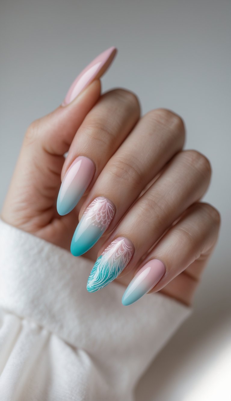 Close-up of one hand with nails painted in various ombre gradient designs against a white background.