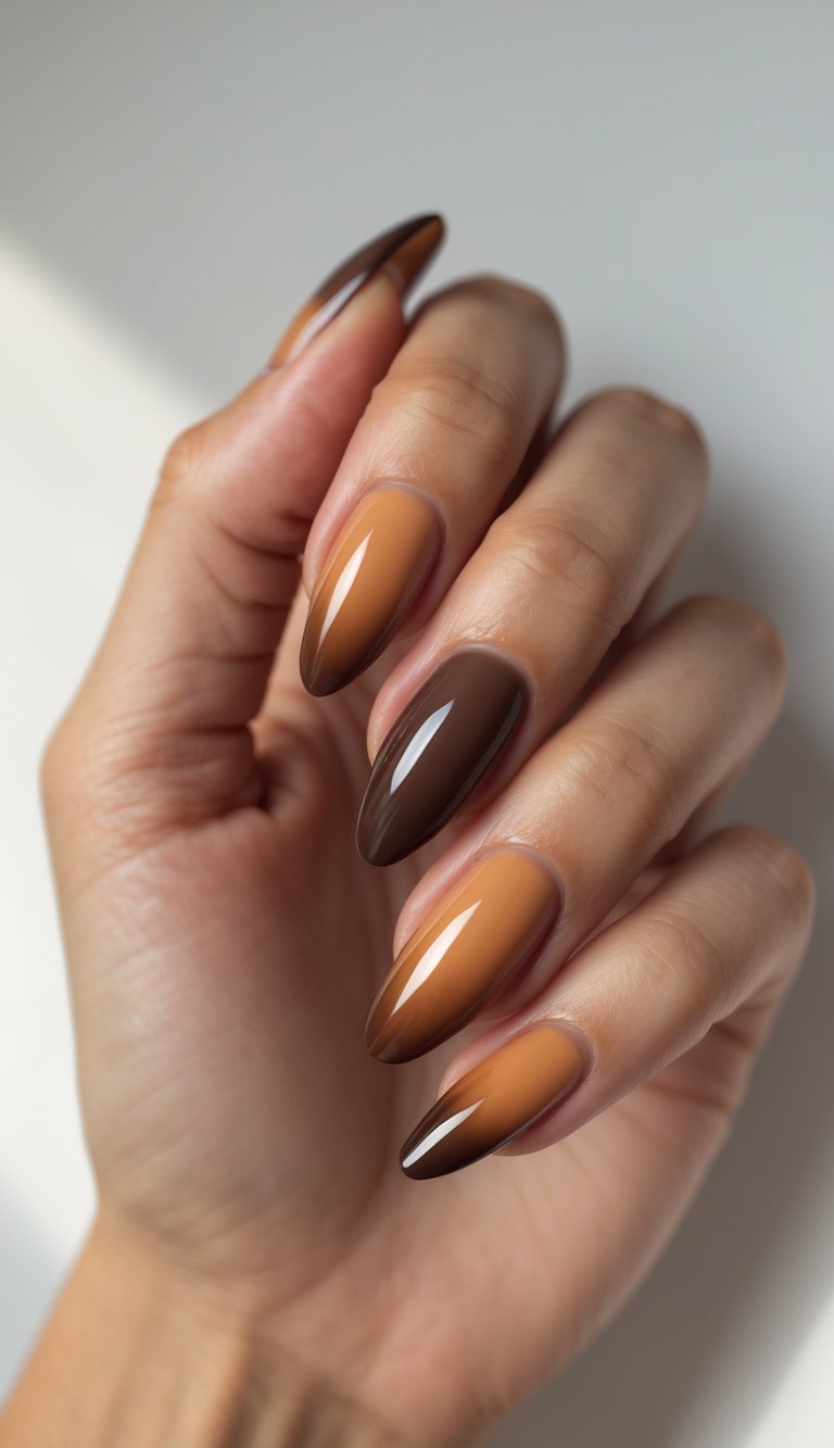 Hand with glossy ombre nail art ideas in rich brown tones, blending caramel, coffee, and deep chocolate hues on almond-shaped nails under soft lighting.