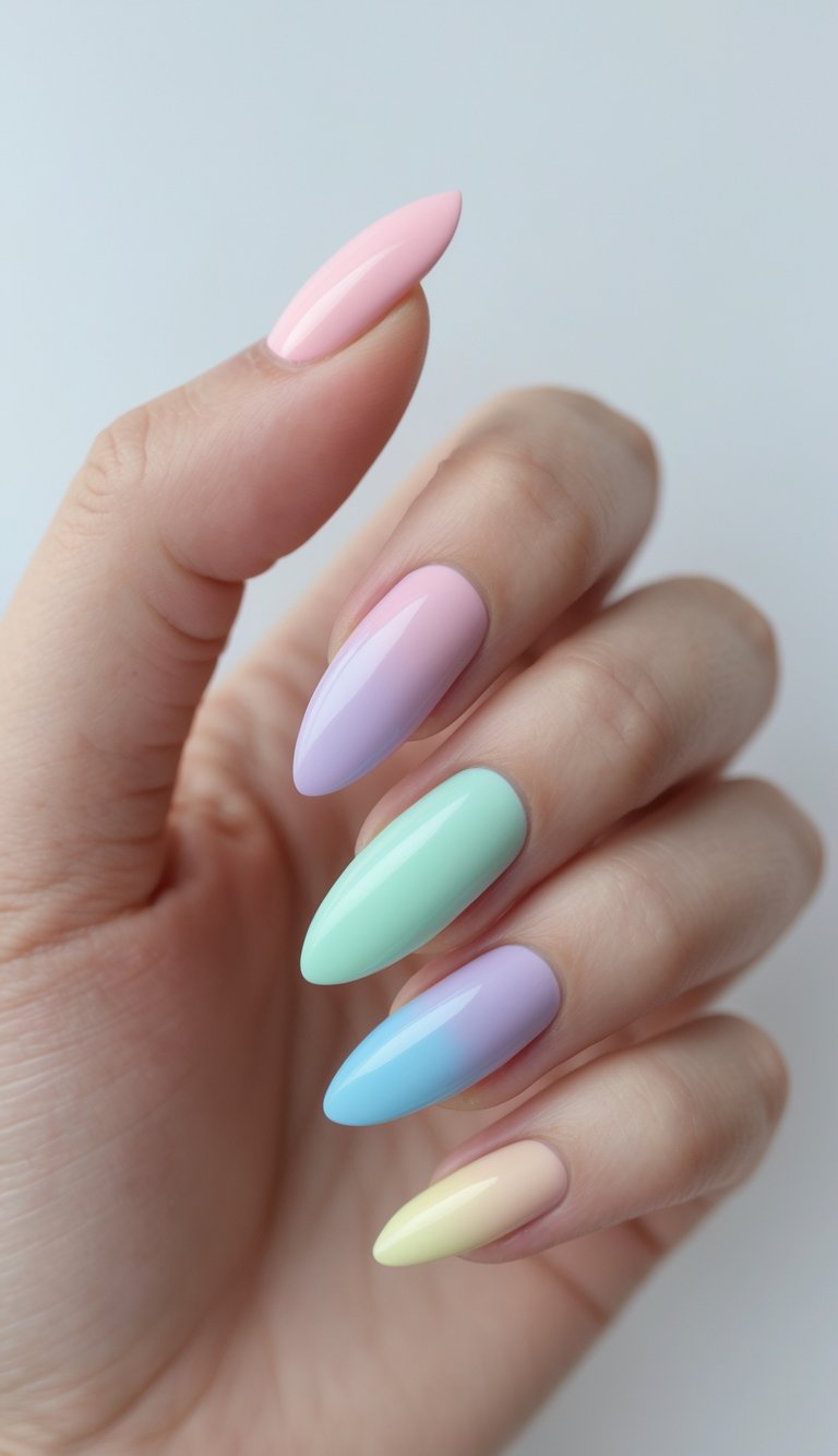 A hand with pastel almond nails featuring a smooth ombre transition in pink, lavender, mint, sky blue, and yellow—ideal for ombre nail art ideas.