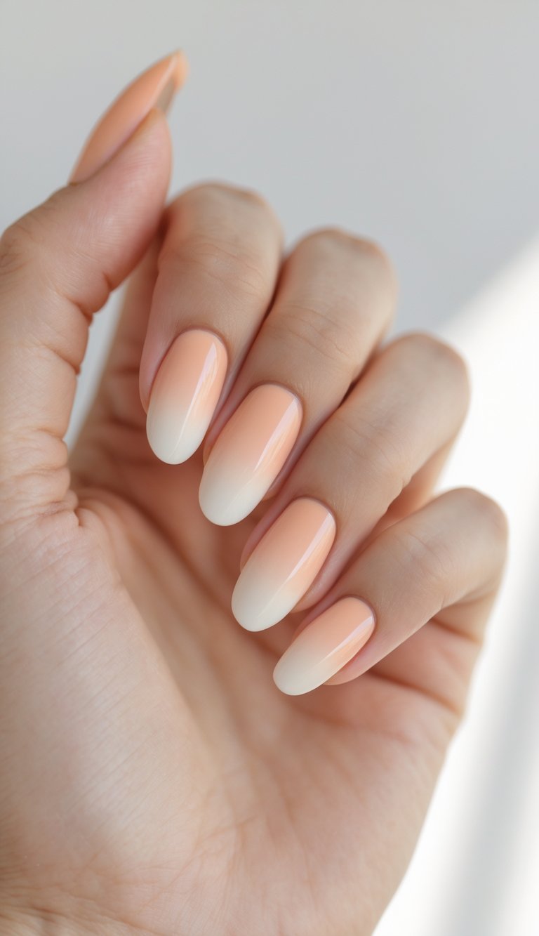 Woman's hand showing glossy ombre nails that blend from neutral ivory at the tips to warm peach, perfect for simple ombre nail art ideas.