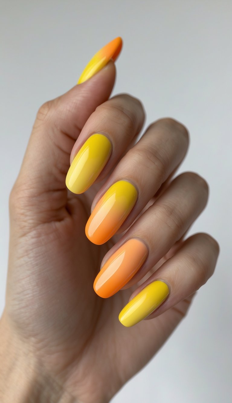 Hand featuring vibrant summer nails in ombre gradients from yellow to orange, perfect for bold and sunny ombre nail art ideas.
