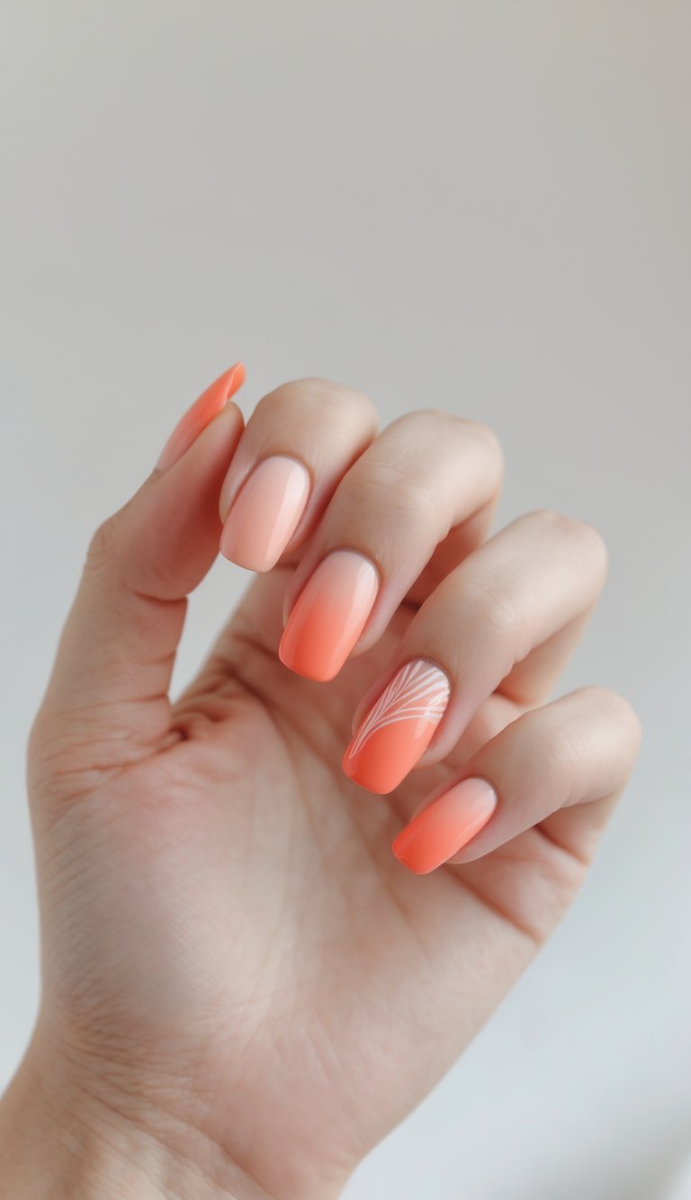 Feminine ombre nail art ideas with a soft peach gradient and fine white linear design on one ring finger nail.