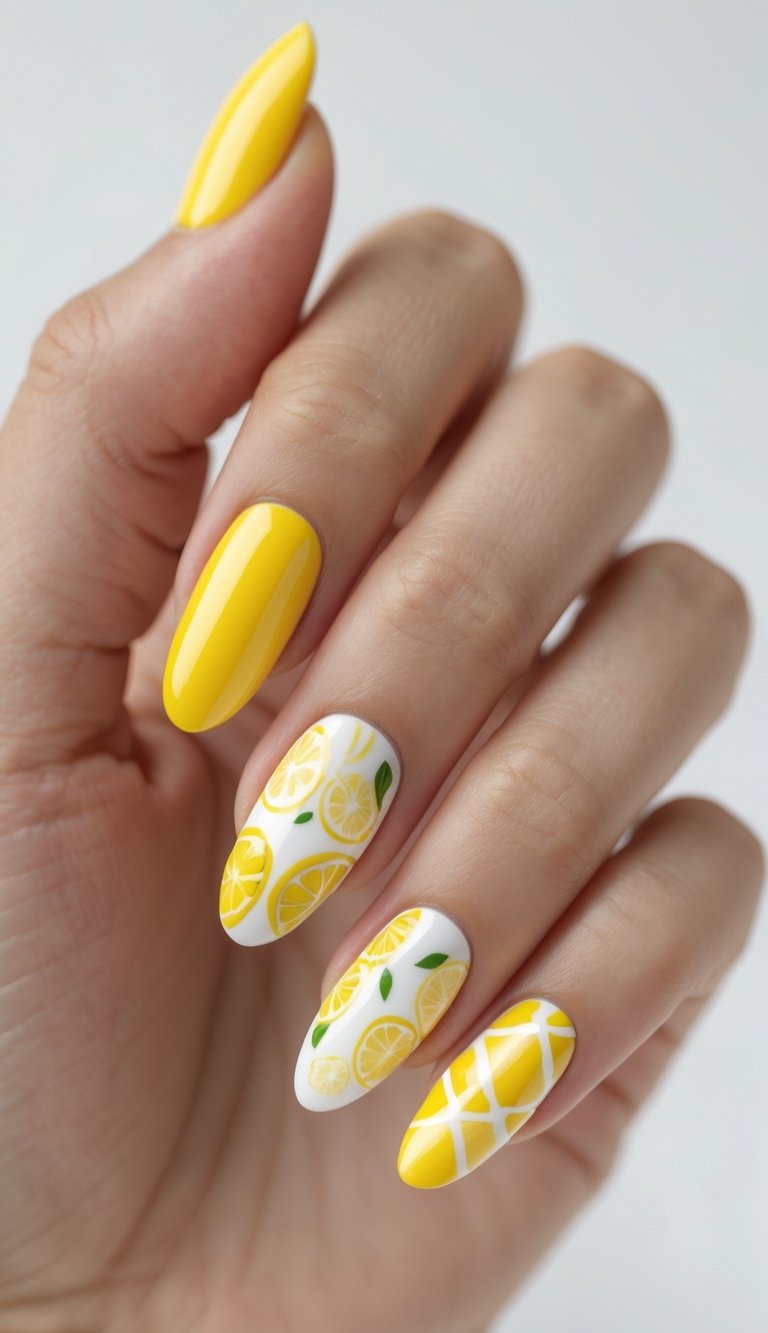 Close-up of one hand with neatly manicured nails painted in various lemon yellow designs against a white background.