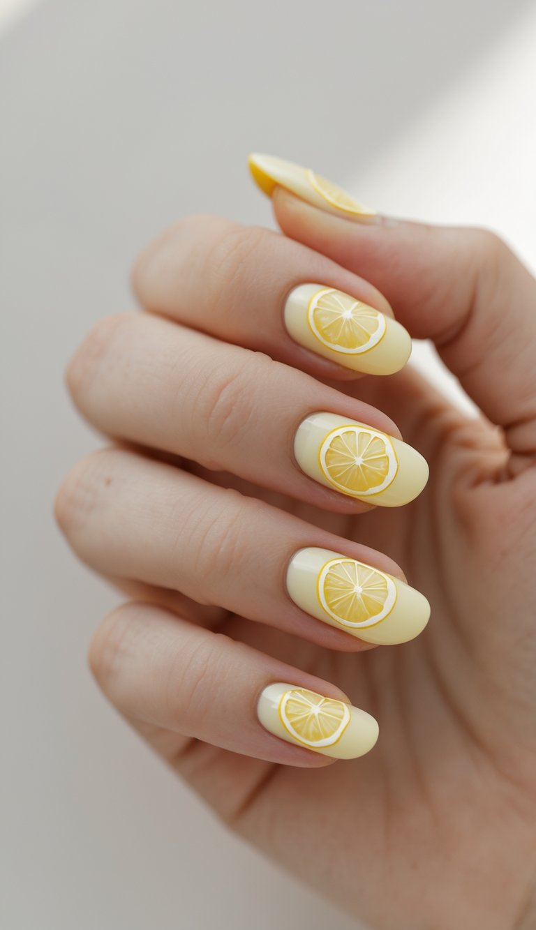 Close-up of a hand showing almond-shaped nails painted in pale yellow with detailed lemon slice designs, creating a lemon yellow nail art idea with a fresh citrus theme.