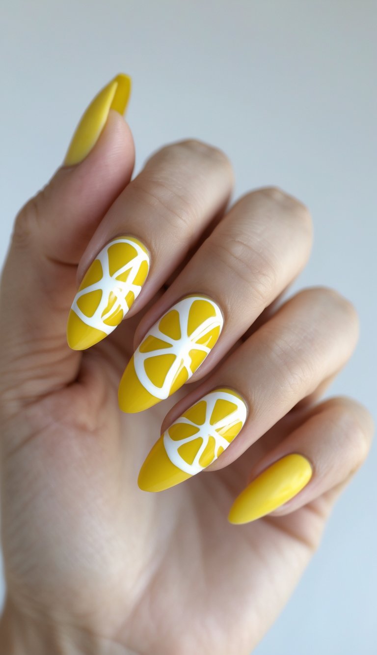 Manicured hand displaying yellow almond nails with clean white lemon slice artwork, representing a lemon yellow nail art idea with a modern aesthetic.