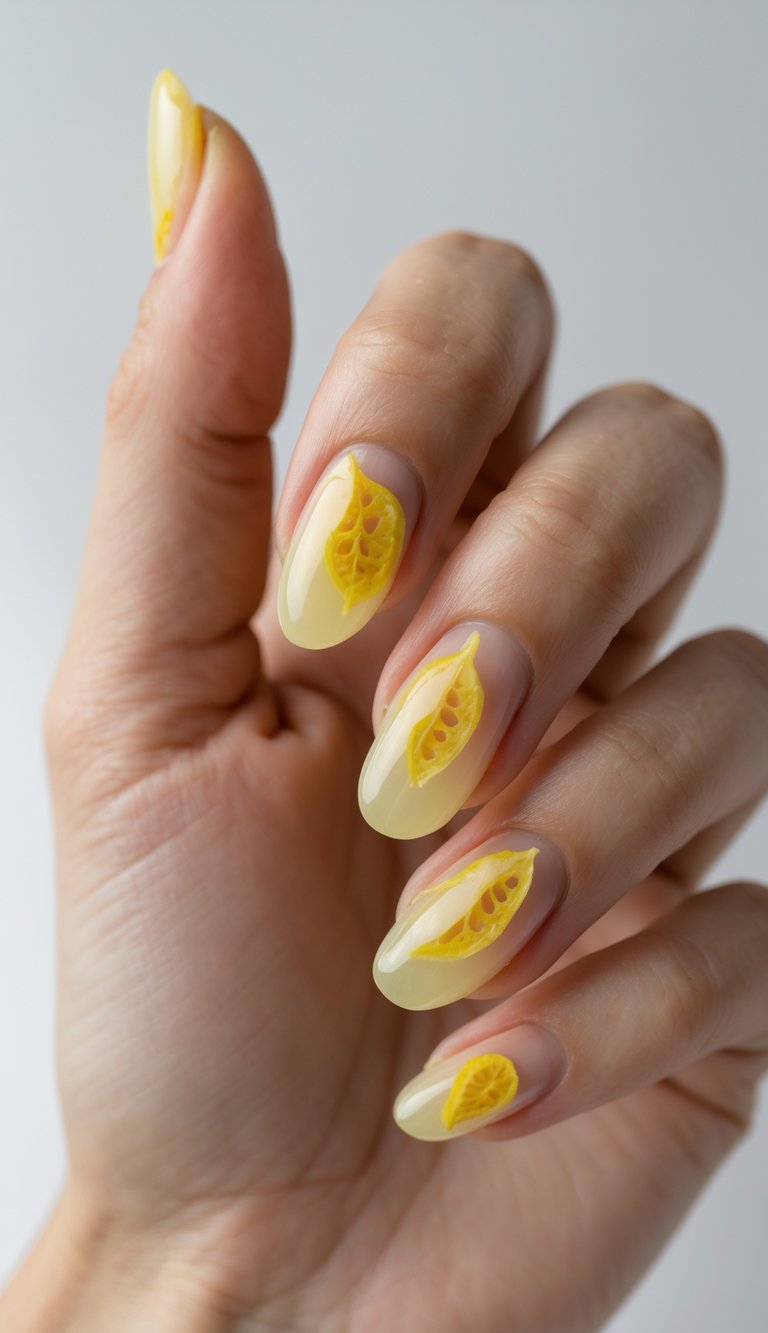 Angled view of almond-shaped nails painted translucent yellow, each decorated with embedded lemon slice art, highlighting a refined lemon yellow nail art idea.