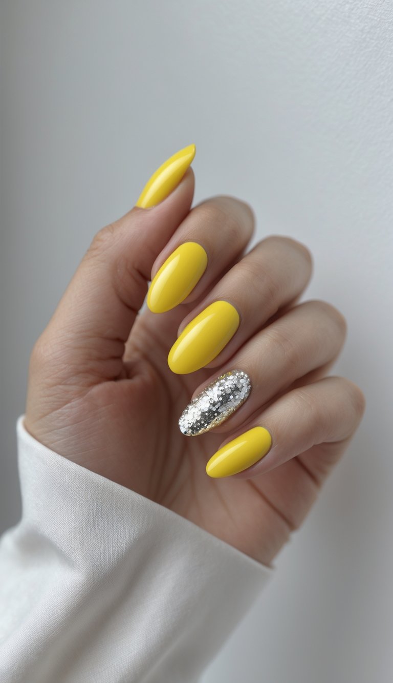 A relaxed hand position features lemon yellow nail art idea, combining glossy yellow polish with a standout silver glitter accent nail.