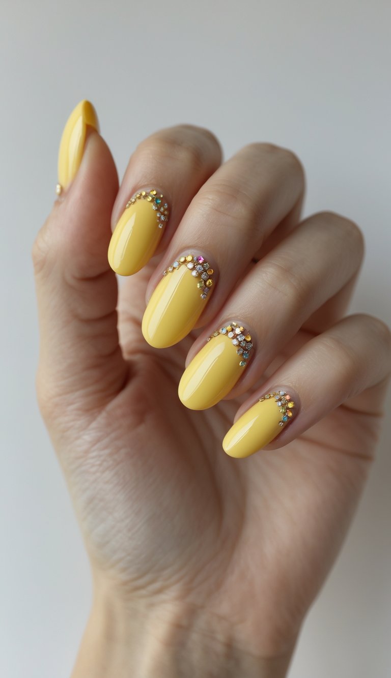An angled view of a hand wearing lemon yellow nail art idea, featuring bright yellow almond nails enhanced by tiny gem details for added dimension.
