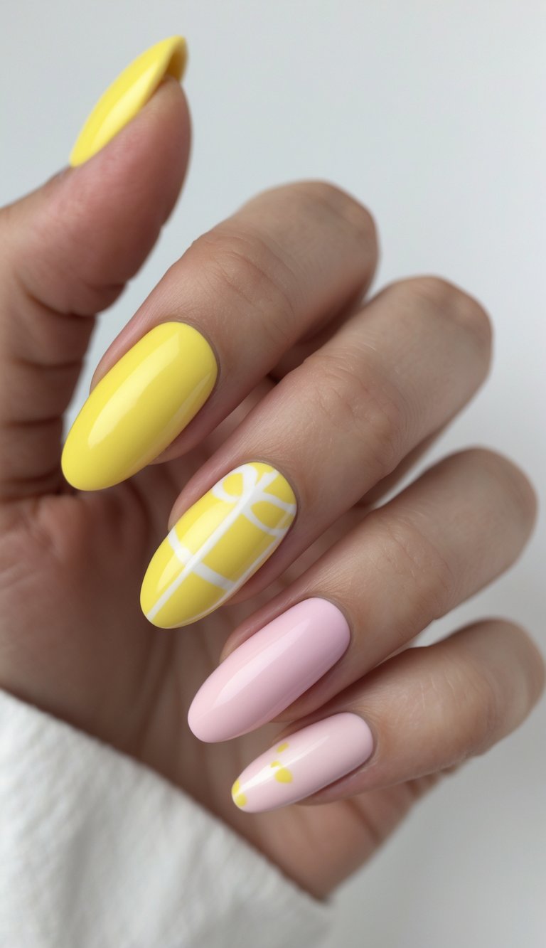 An angled view of almond-shaped nails highlights a lemon yellow nail art idea featuring yellow polish, pale pink nails, and subtle white graphic lines.