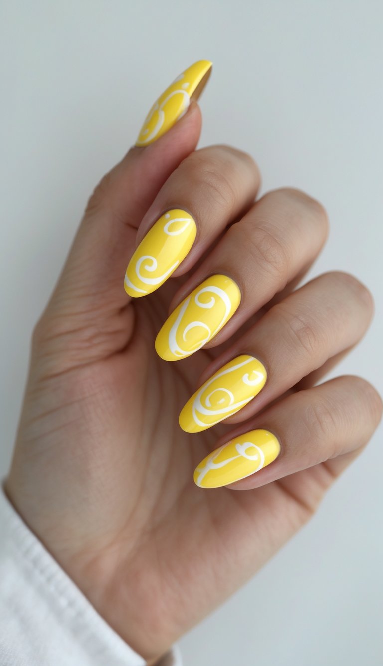 A close-up of a hand featuring a lemon yellow nail art idea with almond-shaped yellow nails detailed by flowing white swirl designs.