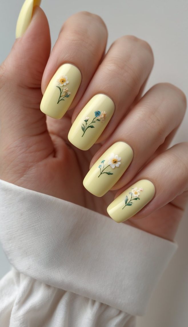 An angled hand pose highlights a lemon yellow nail art idea featuring pale yellow nails decorated with small floral motifs painted at the center.