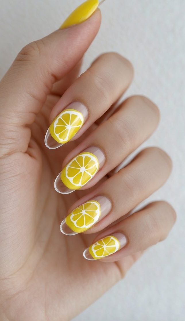 A natural hand position displays a lemon yellow nail art idea with clear acrylic tips and precisely painted lemon slice patterns in bright yellow.