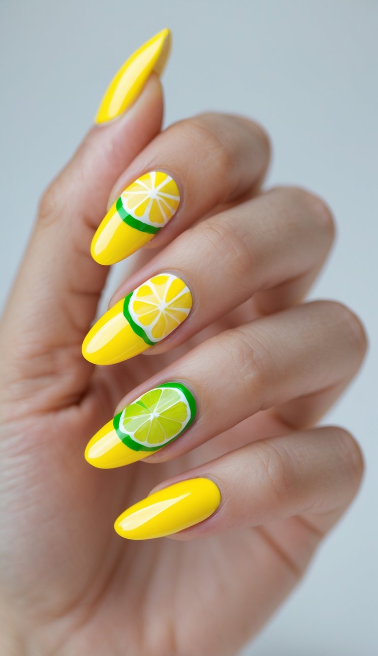 A natural hand position presents a lemon yellow nail art idea using glossy yellow nails with precise lemon and lime slice designs.